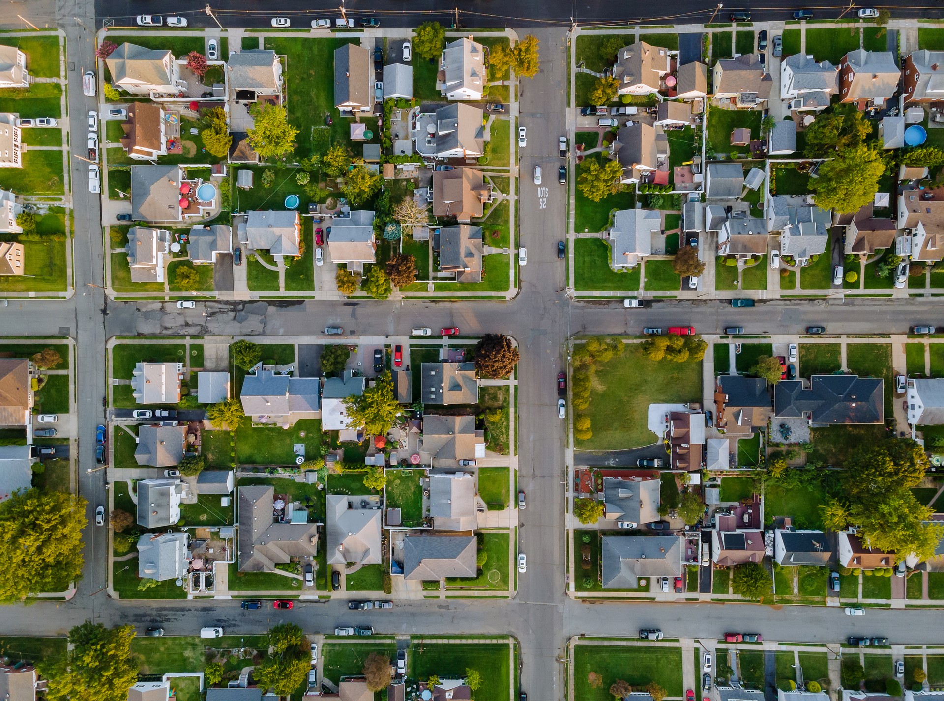 Scenic seasonal landscape from above aerial view of a small town in countryside Cleveland Ohio US