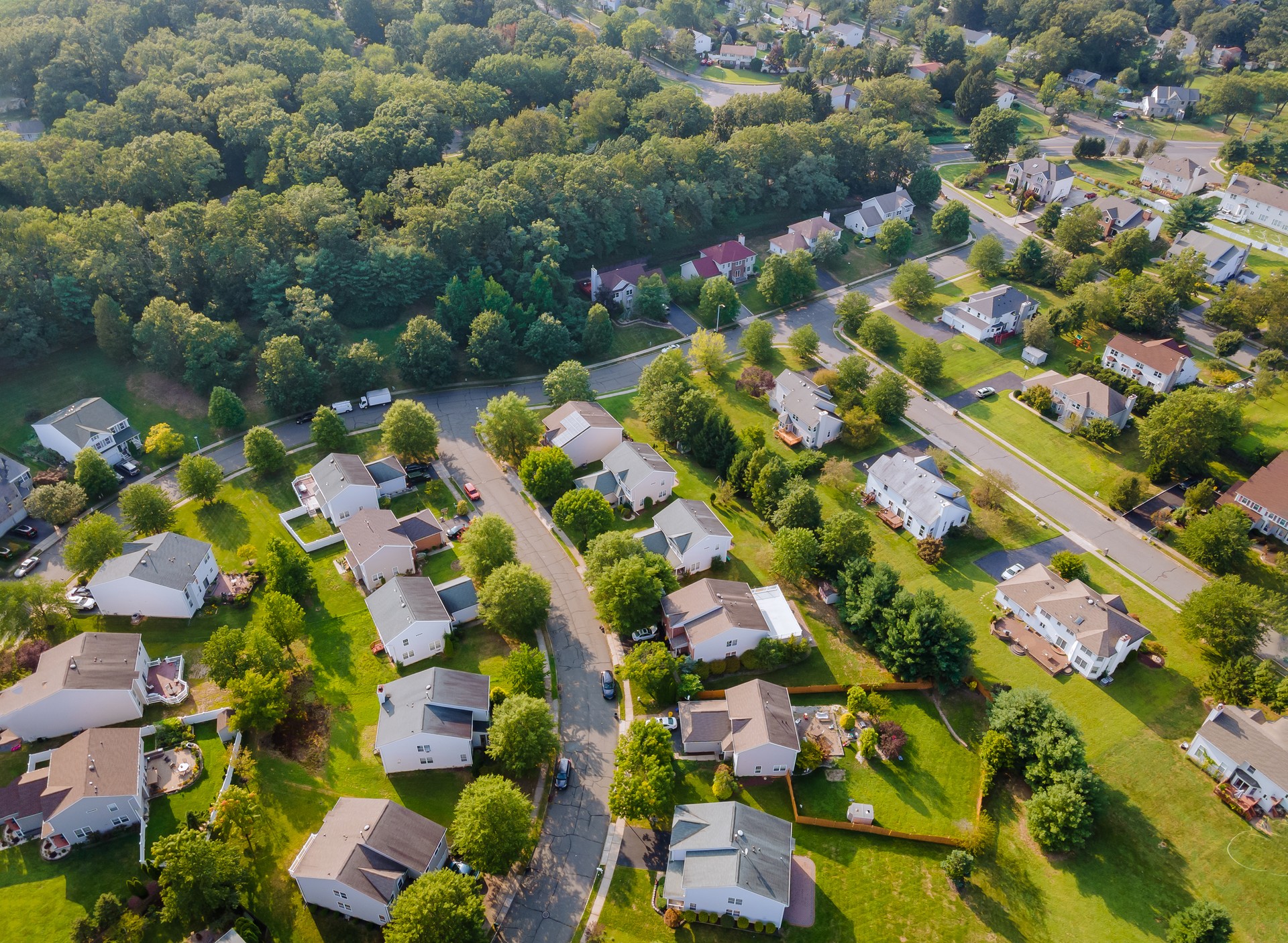 Scenic seasonal landscape from above aerial view of a small town in countryside Cleveland Ohio US